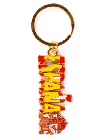 Llavero de metal dorado con leyenda de ESPAÑA y el escudo de España.