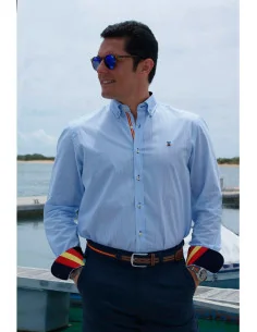 Camisa Hombre 500 Rayas Celeste