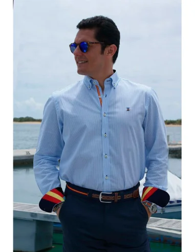 Camisa Hombre 500 Rayas Celeste