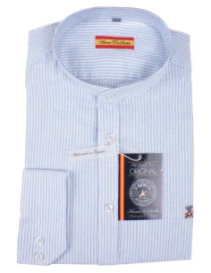 Camisa Bandera España Lino 500 rayas celeste cuello Mao y su tela fresca de lino y algodón 2