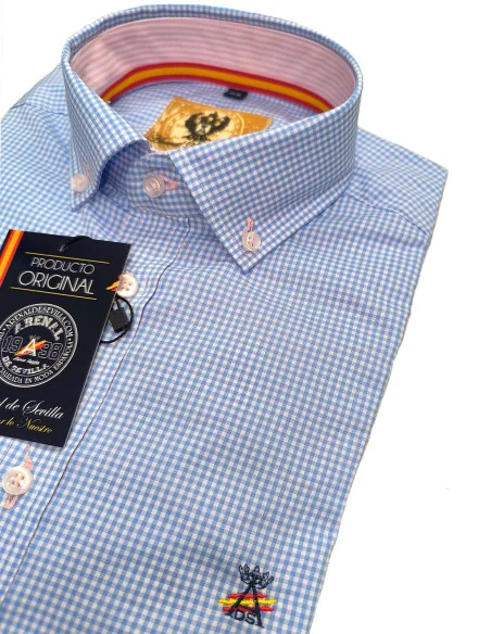 Camisa Bandera España Hombre Vichy Celeste