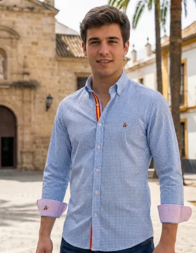 Camisa Bandera España Hombre Vichy Celeste