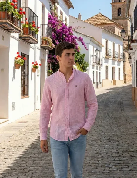 Camisa Bandera España Lino 500 rayas rojiza